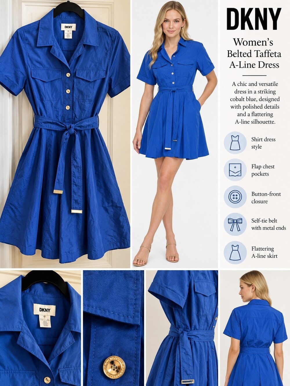 NWT DKNY Cobalt Blue Belted Shirt Dress